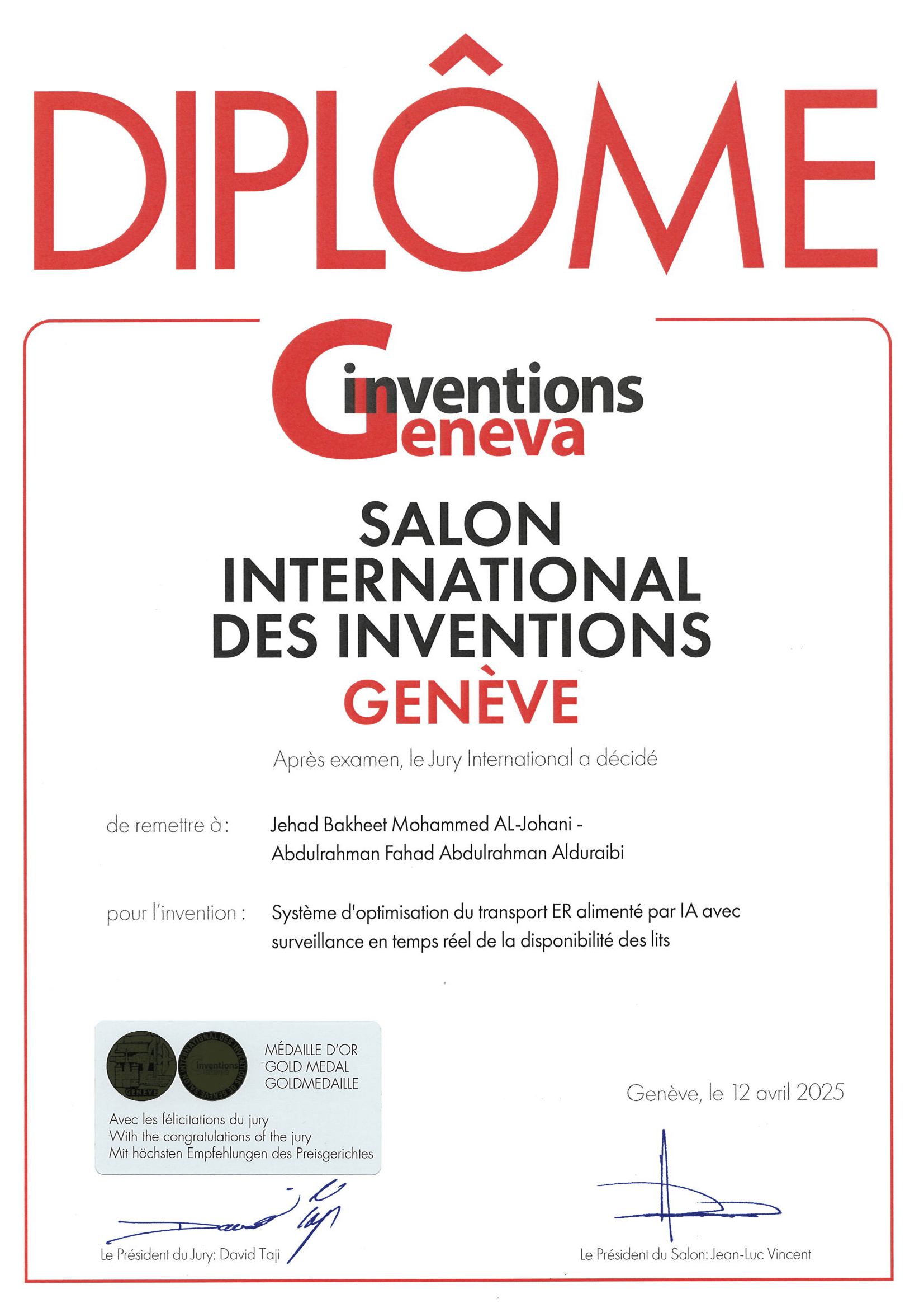 Certificate of Winning Gold Medal with Honors at International Exhibition of Inventions Geneva
